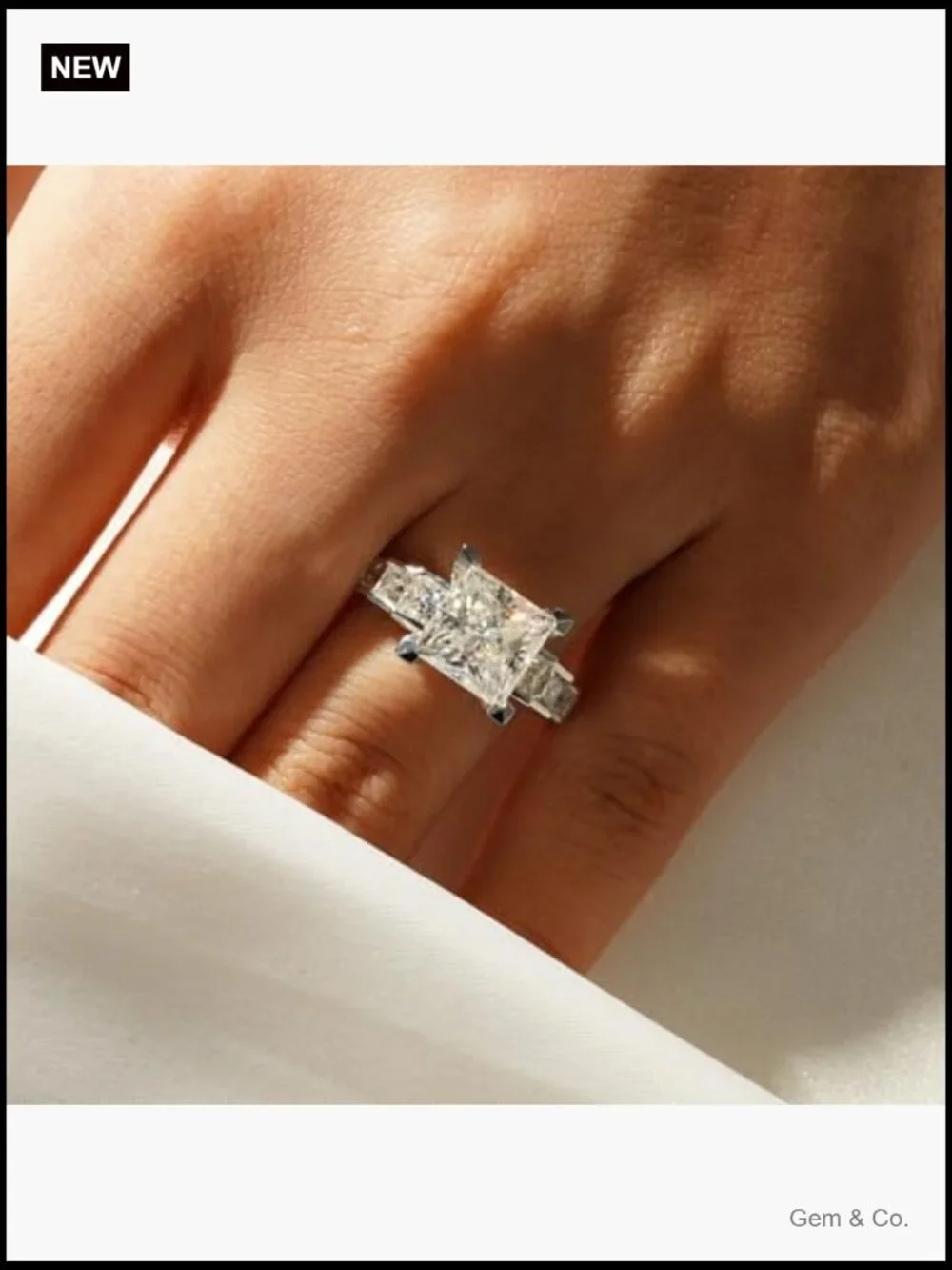 Princess Cut Moissanite Engagement Ring Sterling Silver Rhodium Plated Wedding